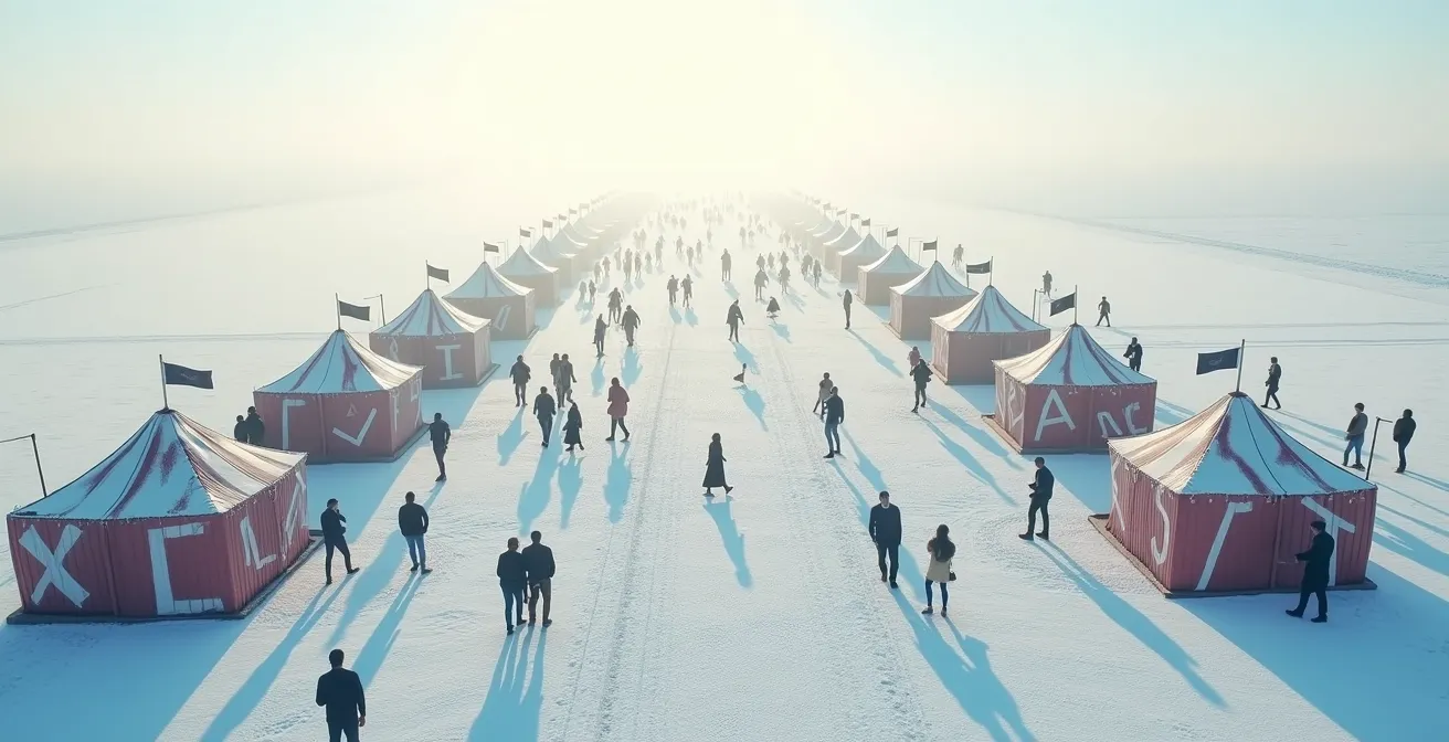 Vue aérienne minimaliste d'une kermesse avec flux de participants créant des motifs organiques
