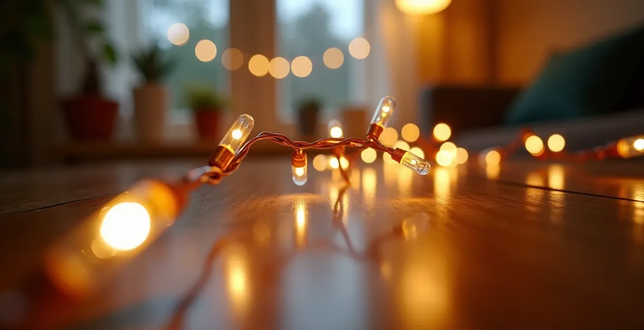 Petit appartement avec guirlandes verticales et jeu de miroirs agrandissant l'espace