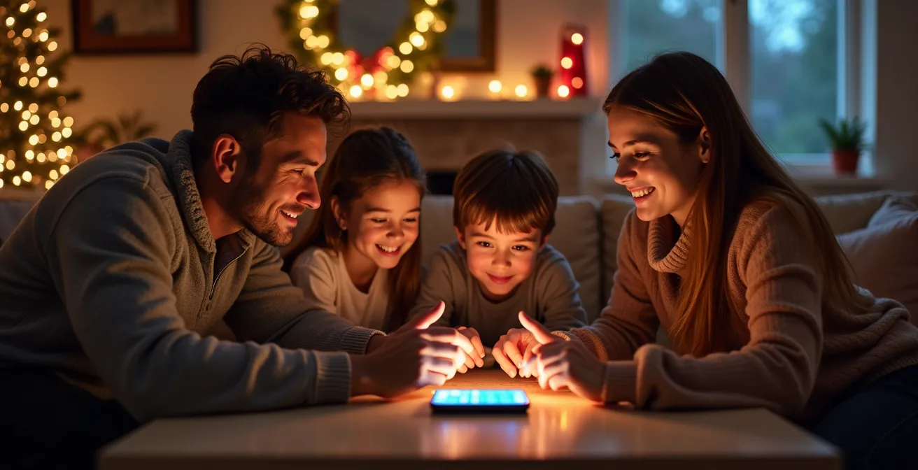 Salon montrant l'évolution progressive de l'intensité des gadgets lumineux sur 4 semaines