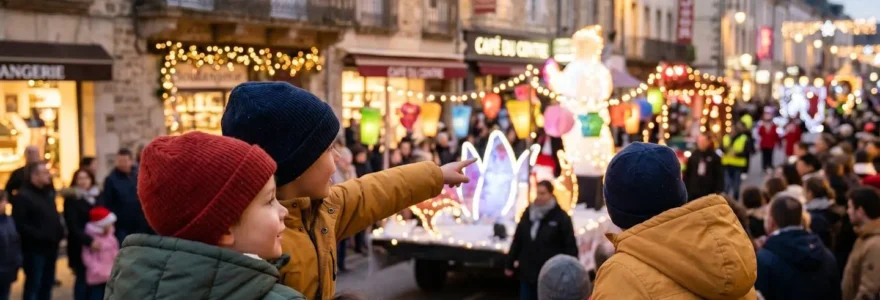 Deux enfants de dos observent une parade de Noël illuminée dans une rue de centre-ville français en soirée